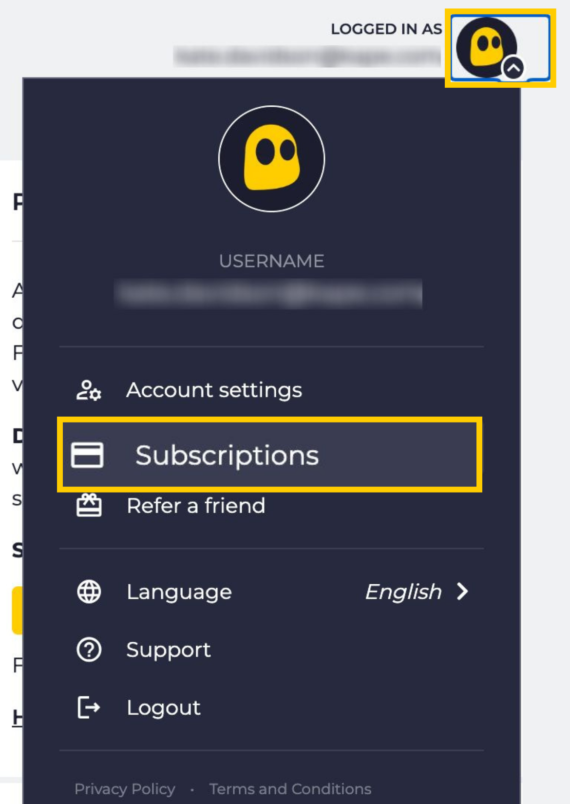 CyberGhost account dashboard showing the account menu opened from the upper-right corner with Subscriptions highlighted.