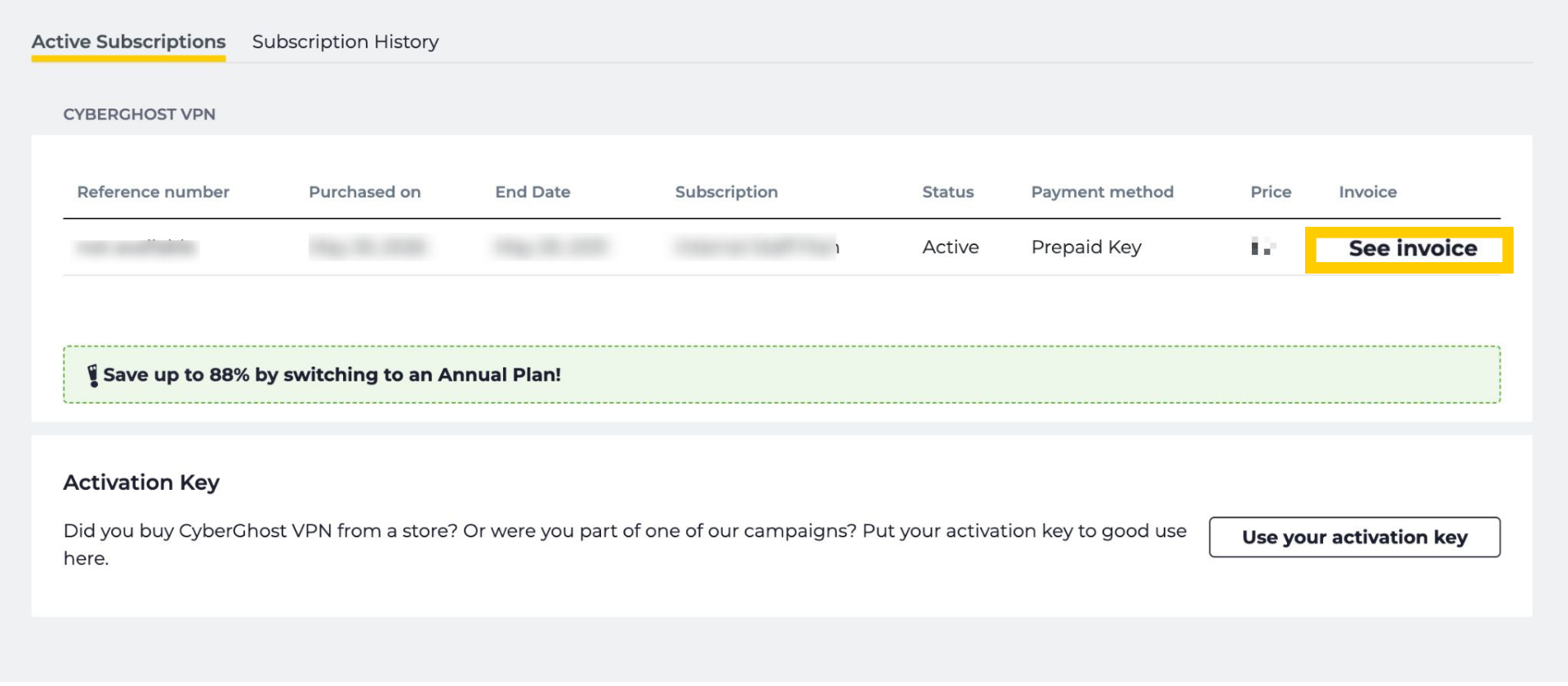 CyberGhost Subscriptions page displaying Active Subscriptions and a See invoice link in the rightmost column.