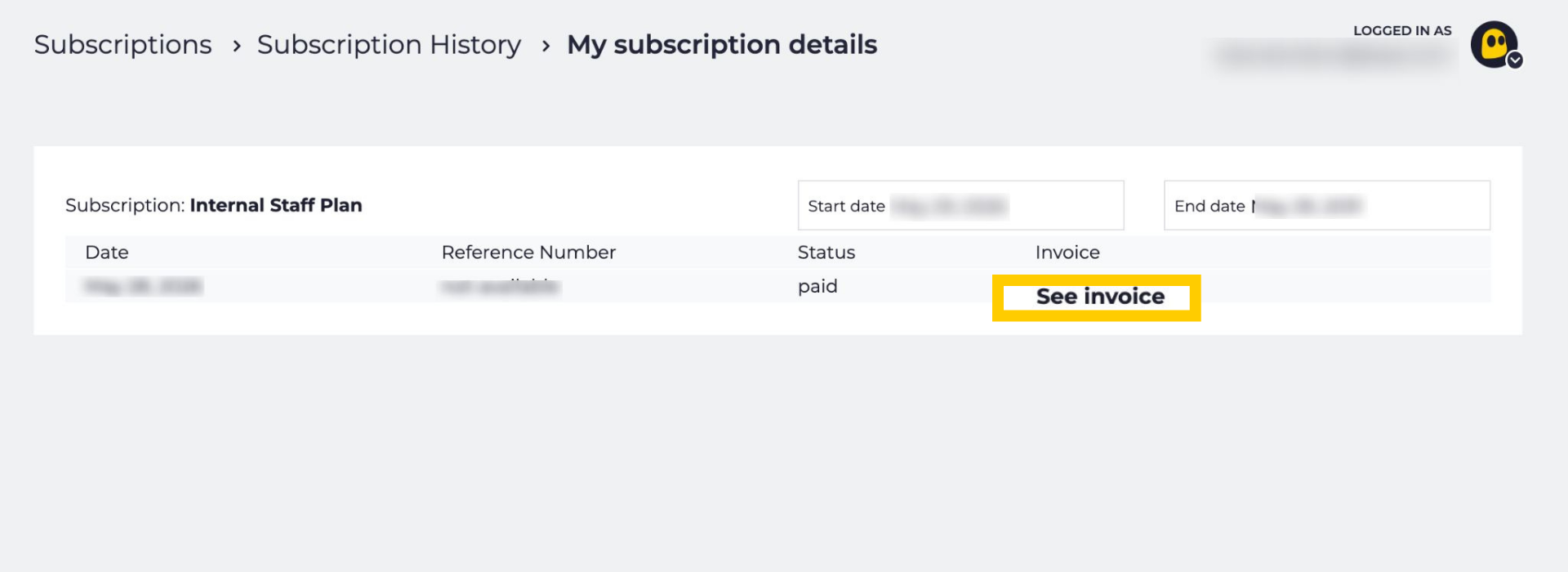 Invoice details page with the See invoice button selected to download the invoice as a PDF document.