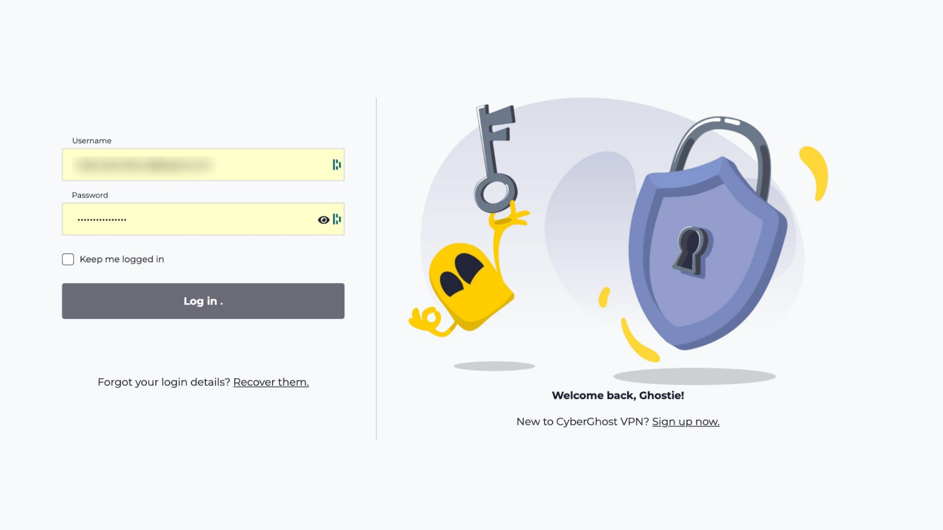 CyberGhost account login page displayed with account credentials entered.