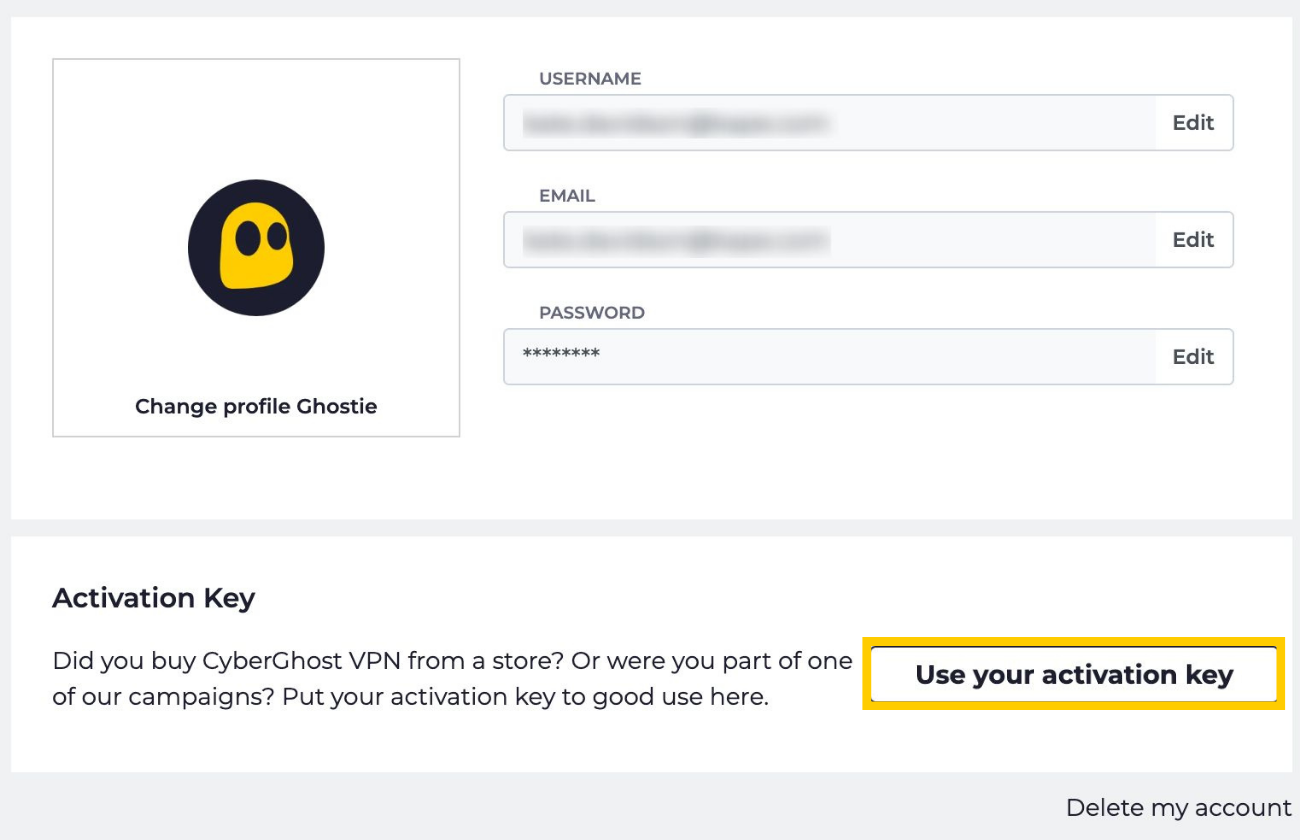 CyberGhost account settings with Use your activation key highlighted.