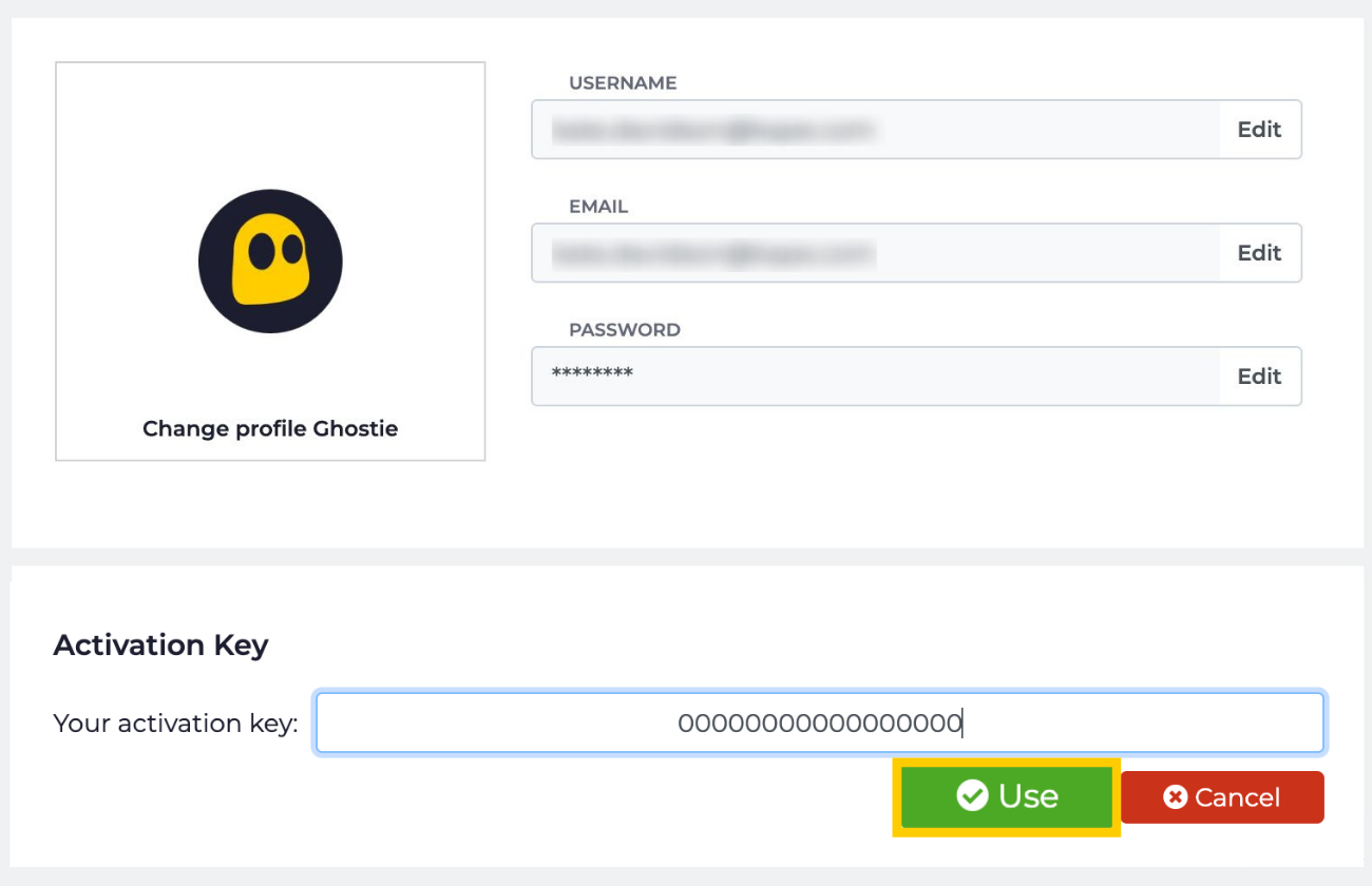 CyberGhost activation key entry field with Use highlighted.