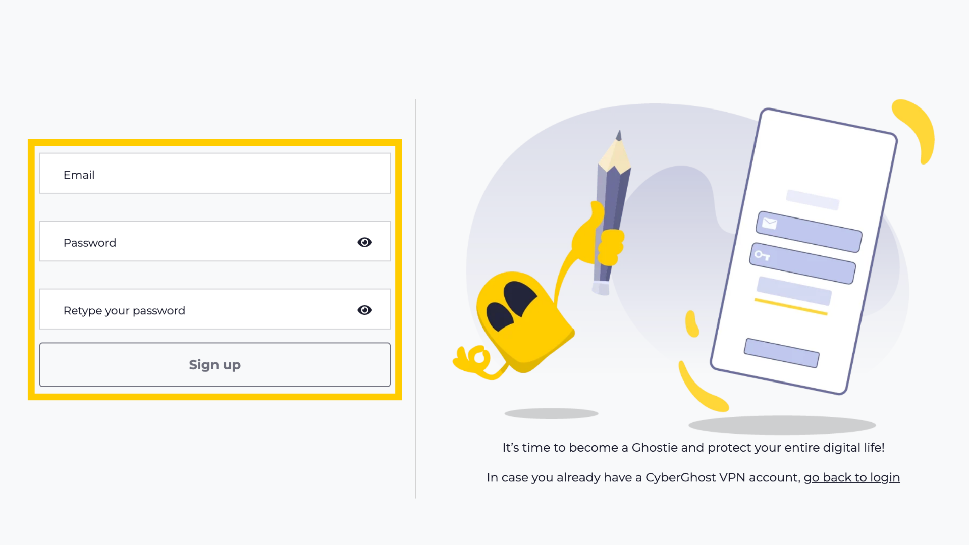 CyberGhost new account creation page with email and password fields highlighted.