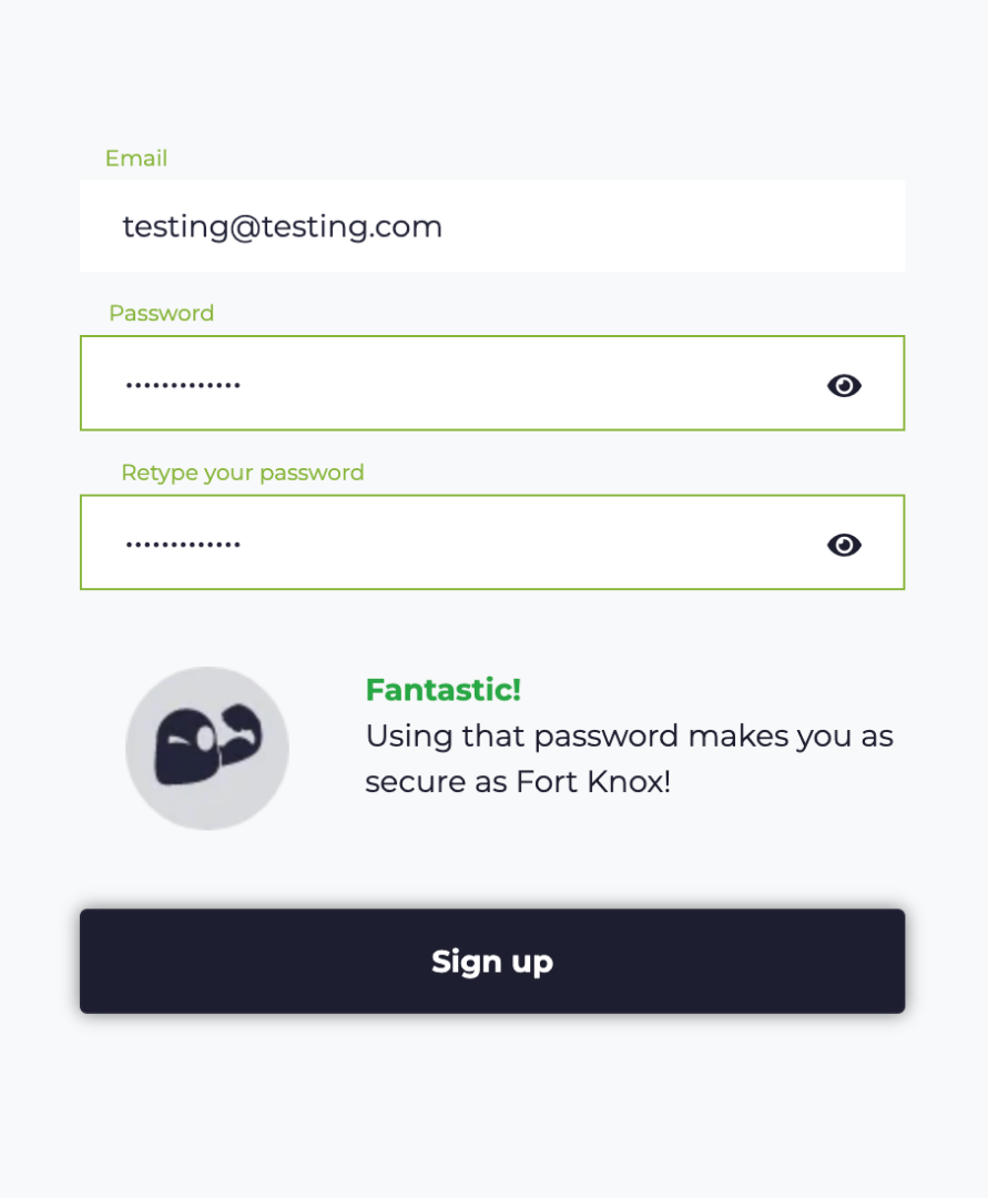 CyberGhost sign-up screen with the email and password fields filled out. The navy Sign up button is available to click.