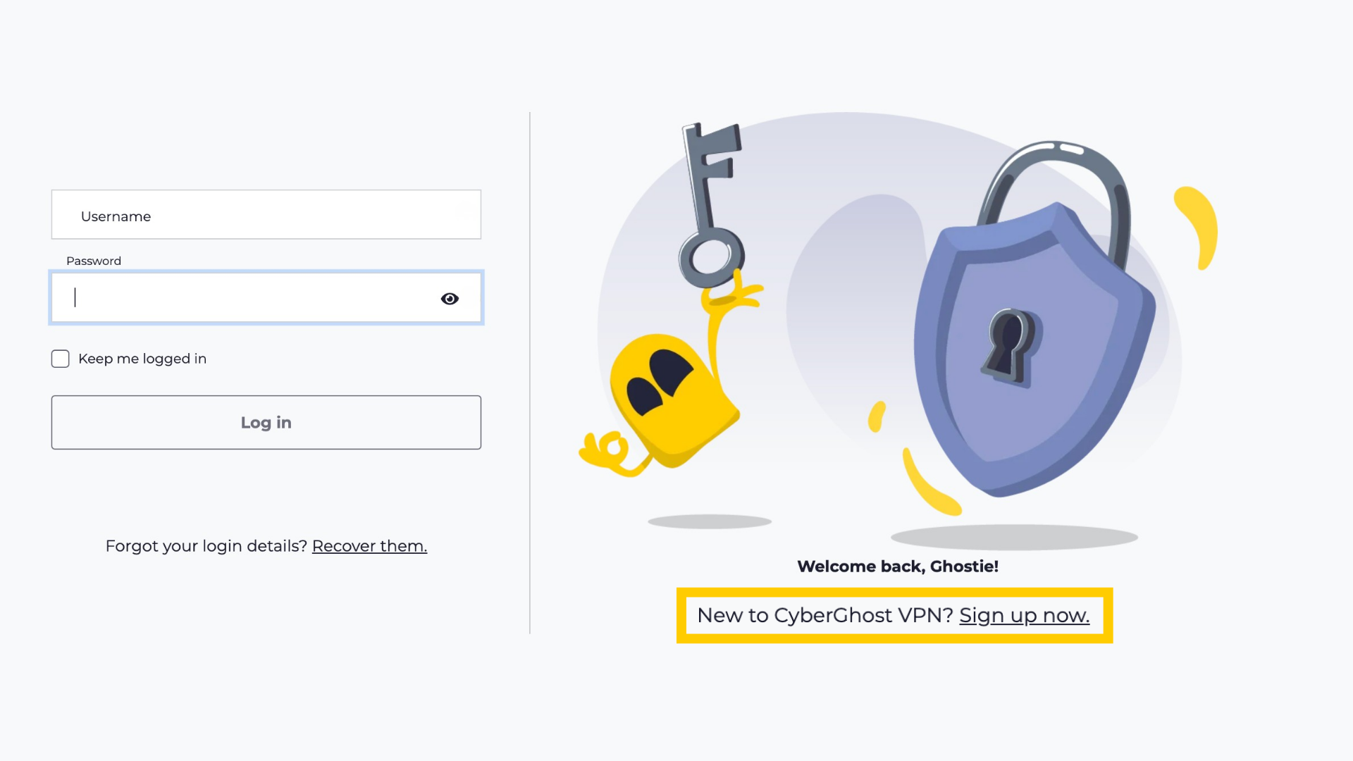 CyberGhost account management page with New to CyberGhost highlighted.