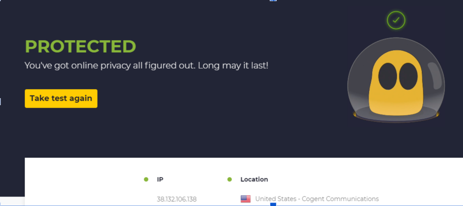 CyberGhost VPN DNS Leak Test page showing Protected result.