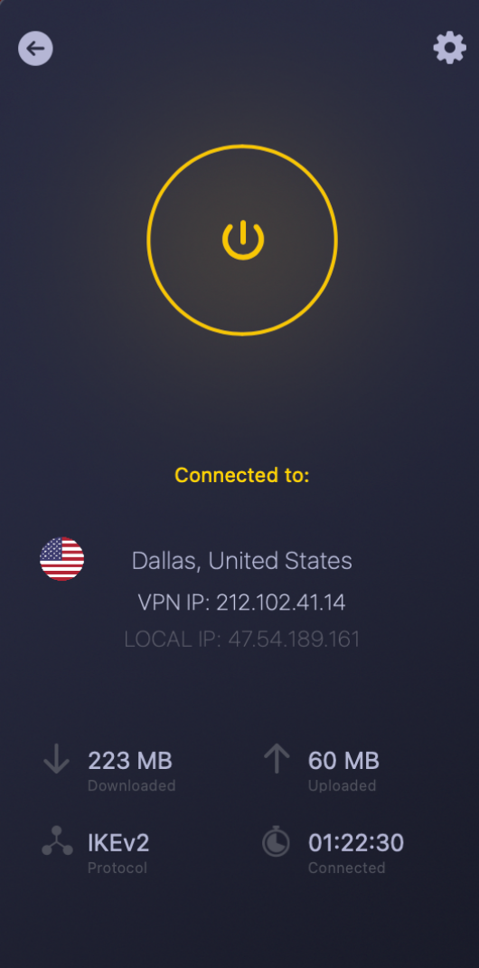 CyberGhost VPN home screen showing Connected.