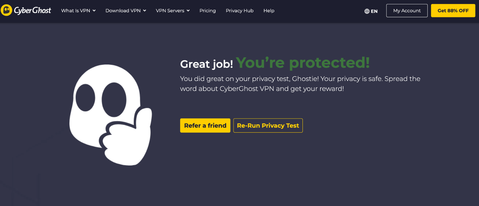 CyberGhost VPN Privacy Test page showing Protected result.