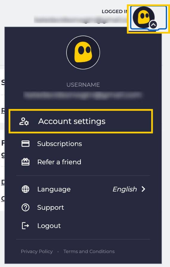 CyberGhost VPN account menu with Account settings highlighted.