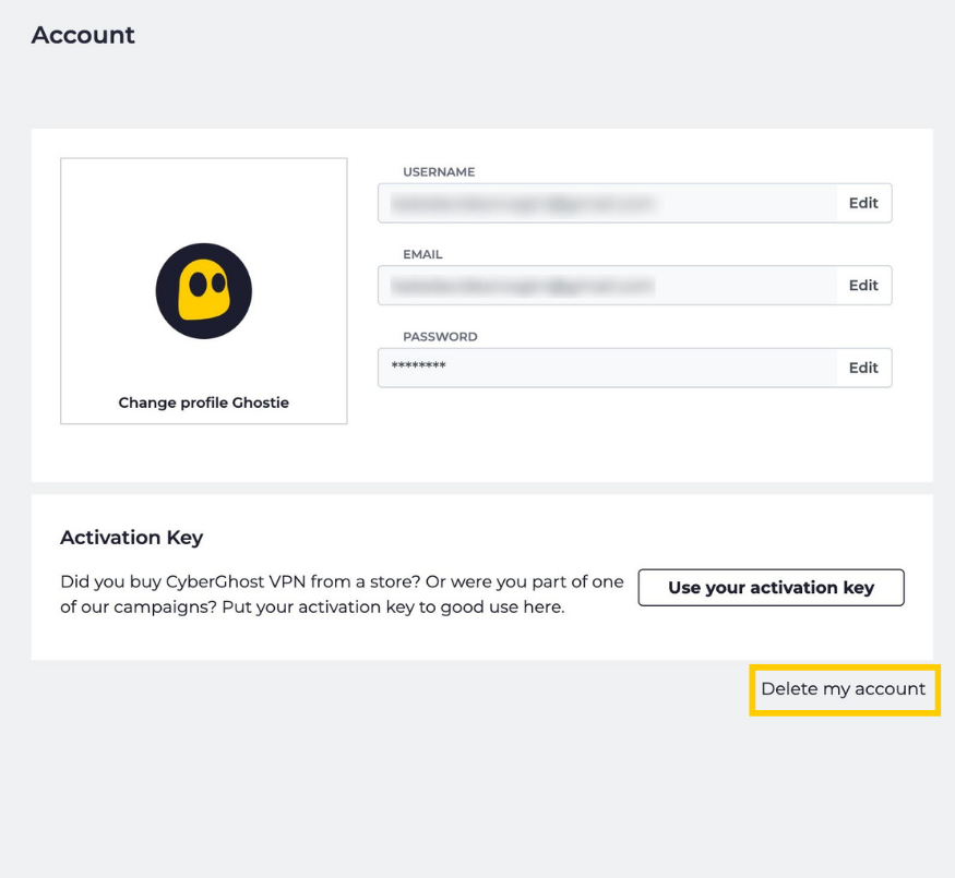 CyberGhost account settings with Delete my account highlighted.