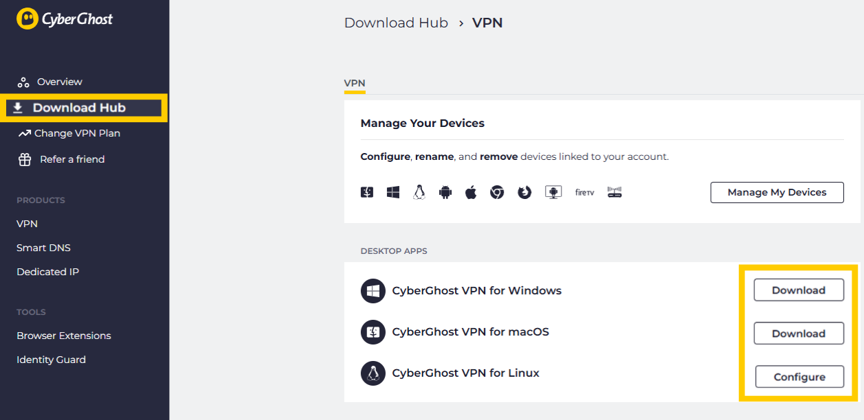 CyberGhost download hub with the download button for desktop apps highlighted