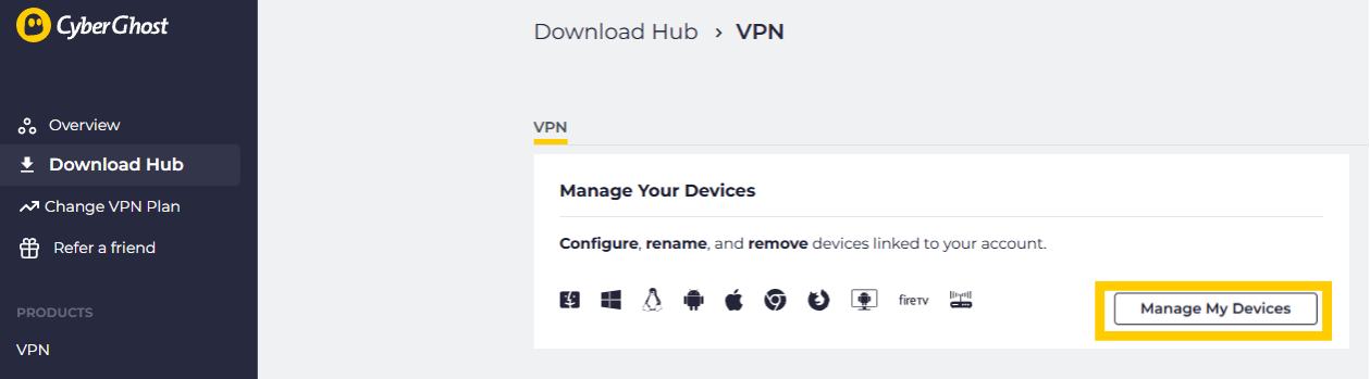 Mange my Device option shown in the CyberGhost Download Hub
