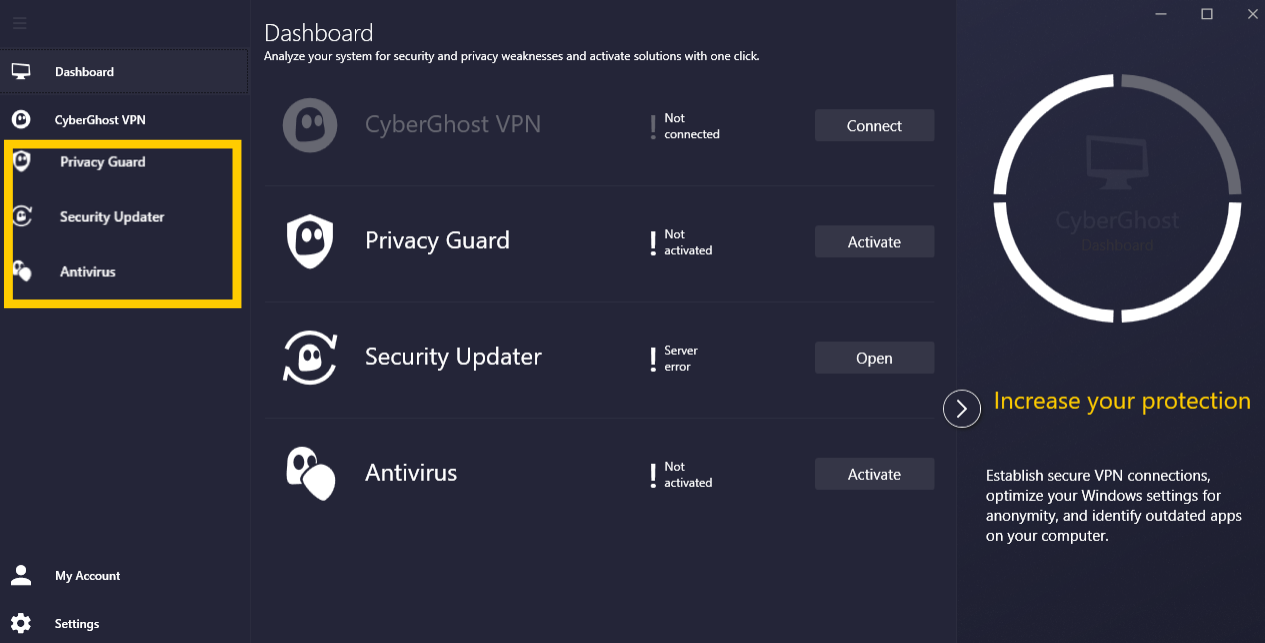 CyberGhost security suite apps shown in CyberGhost VPN