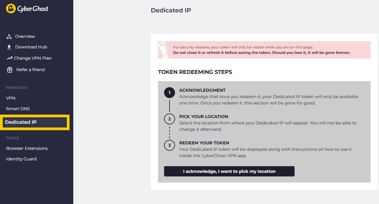 Dedicated IP menu in CyberGhost, including instructions on how to redeem a token