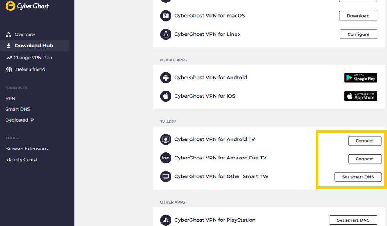 Download hub showing smart TVS and gaming consoles