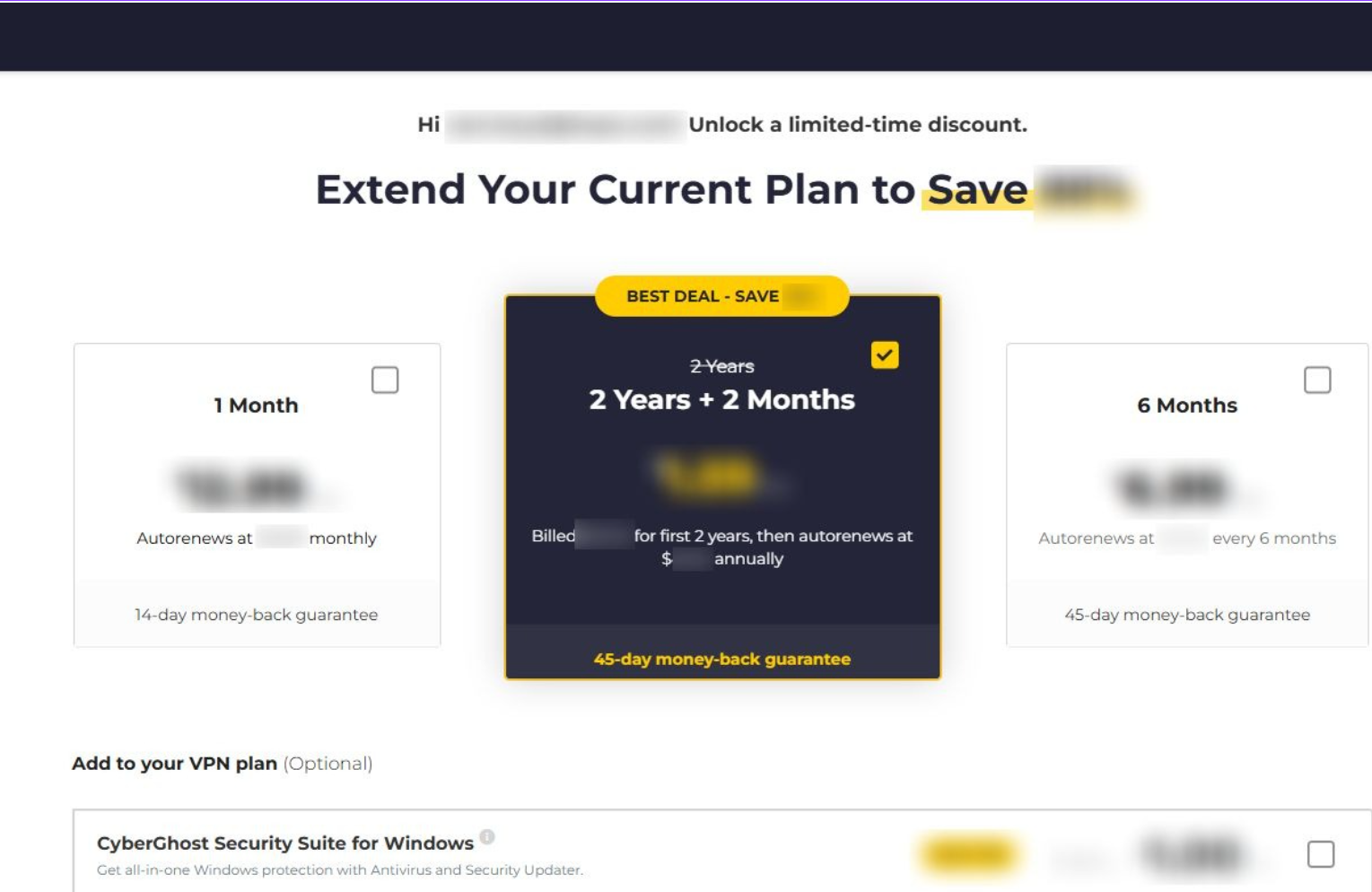 Menu showing the different VPN plans that you can upgrade to