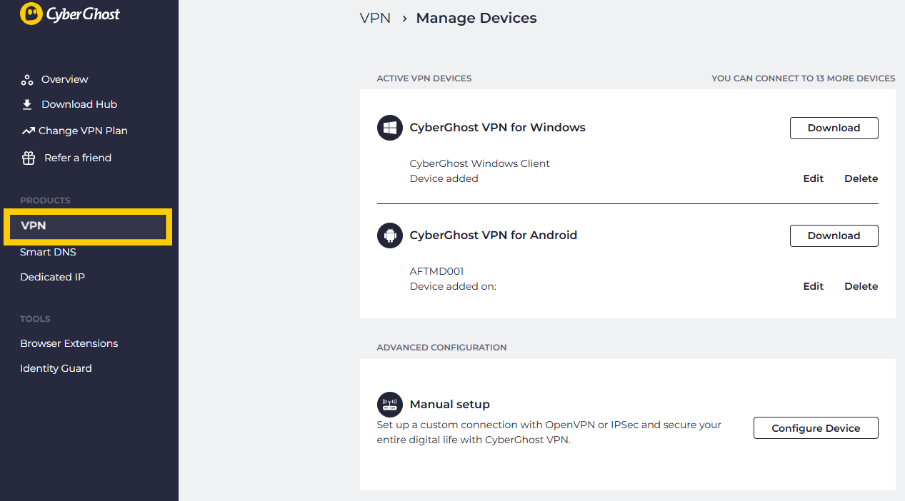 VPN menu on CyberGhost's account page, with active devies shown