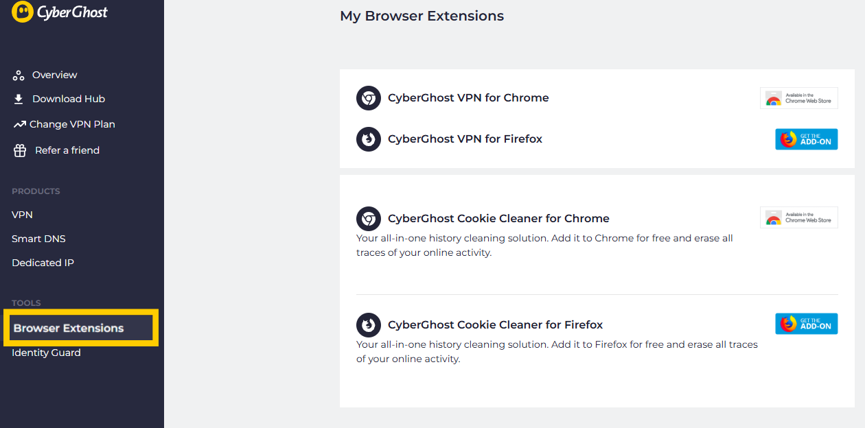 List of available browser extensions for CyberGhost