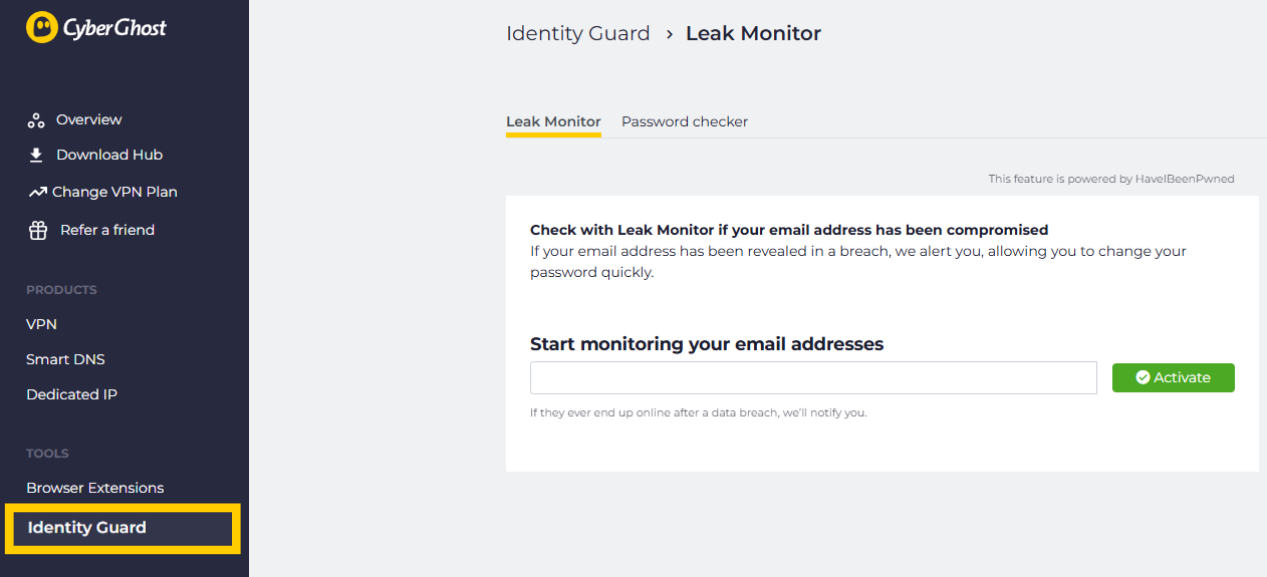 CyberGhost Identity Guard on the Leak Monitor page, with the tab for Password checker next to it