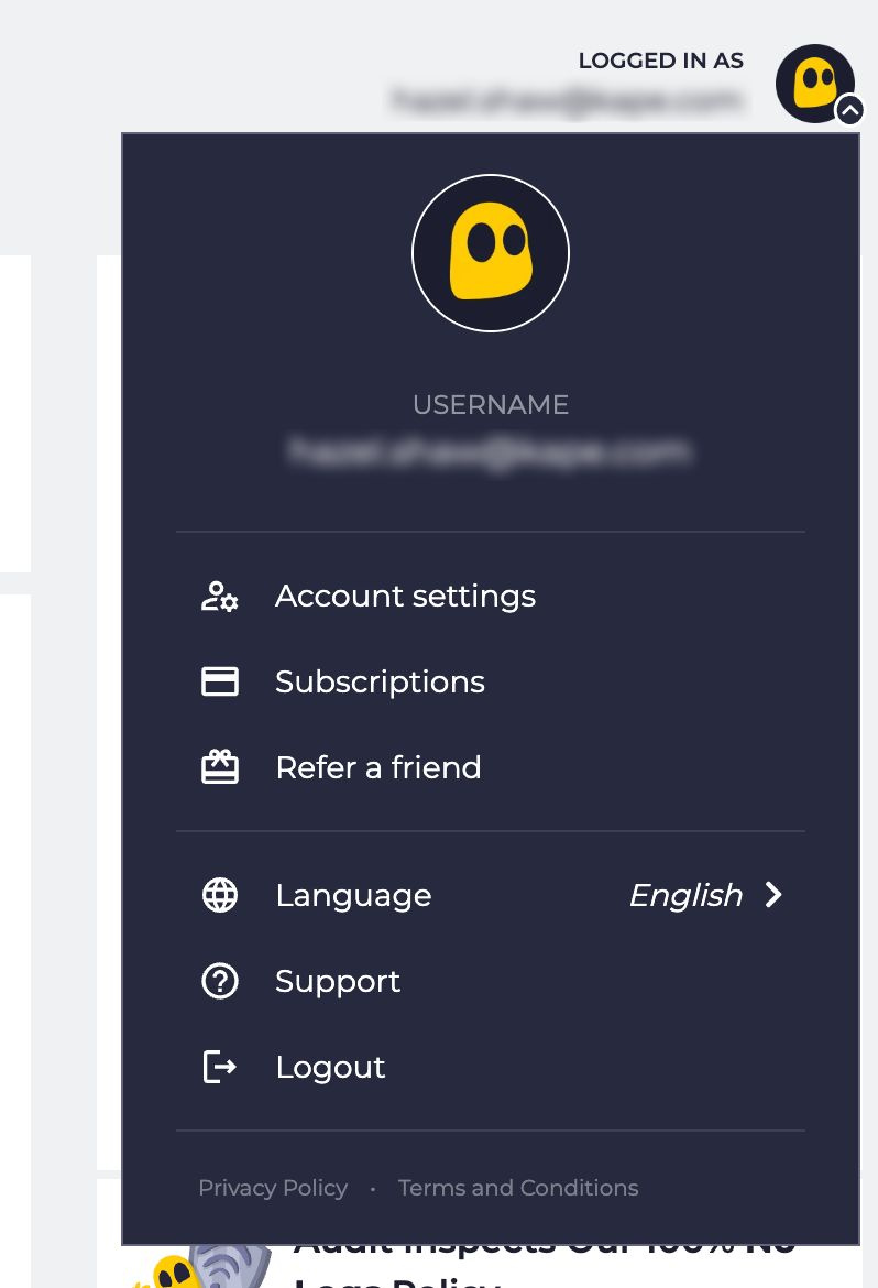 CyberGhost VPN user dashboard, showing the Profile menu.