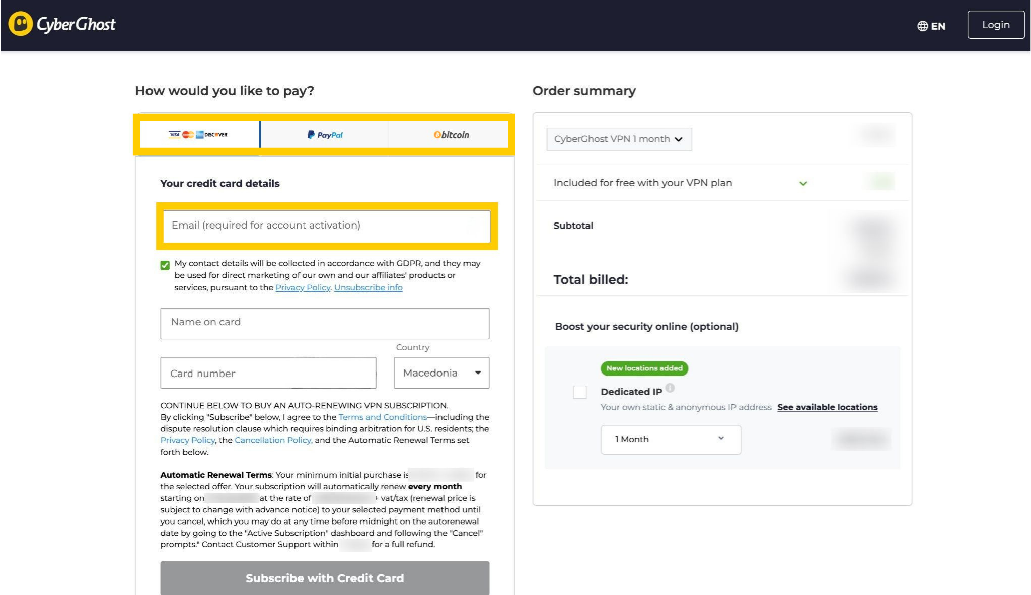 CyberGhost's checkout page, with highlighted payment options.