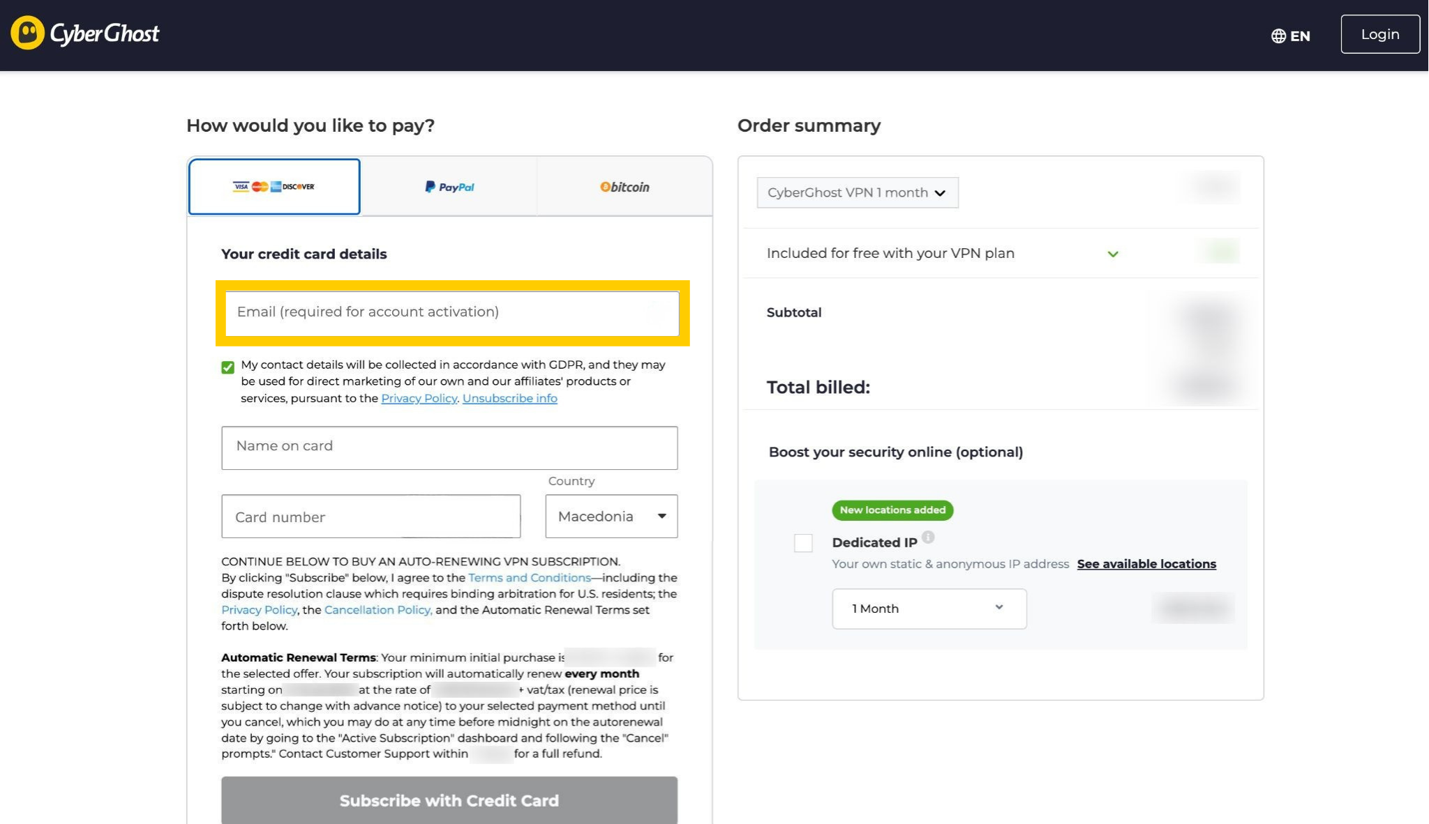 CyberGhost's checkout page, with a highlighted email row.