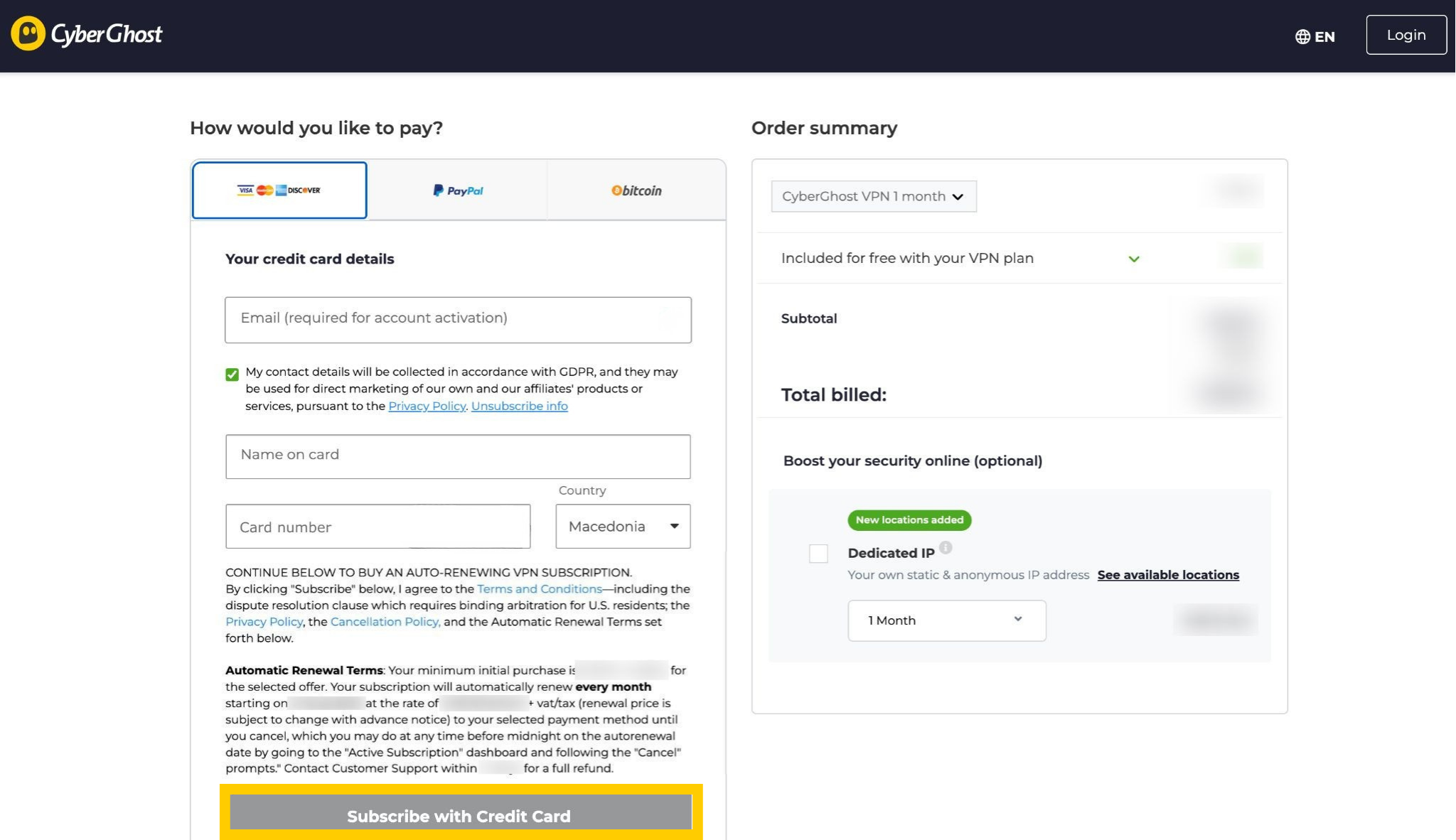CyberGhost's checkout page, with a highlighted "Subscirbe with Credit Card" button.