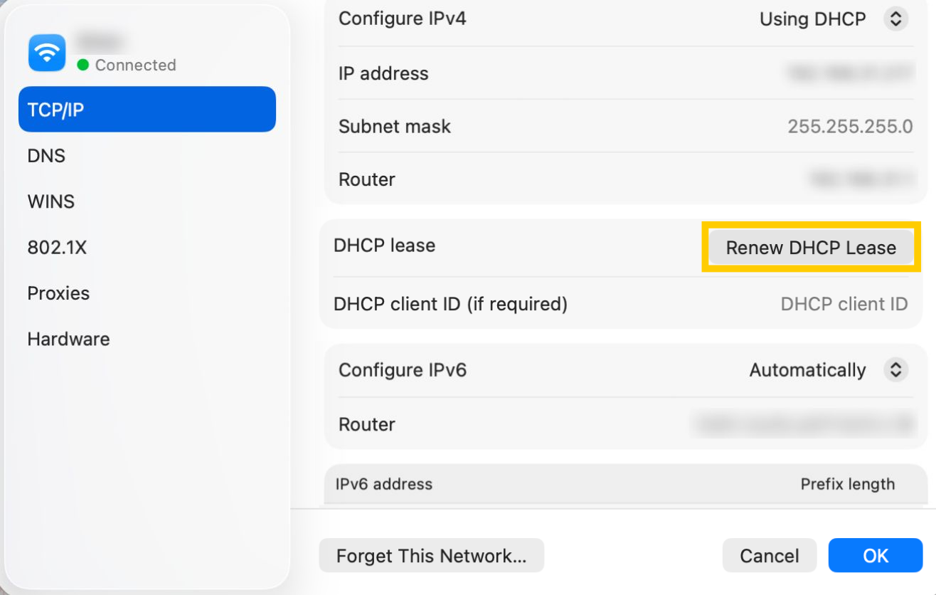 macOS Wi-Fi settings with the Renew DHCP Lease button highlighted.