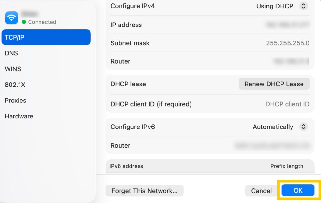  macOS Wi-Fi settings with TCP/IP selected.