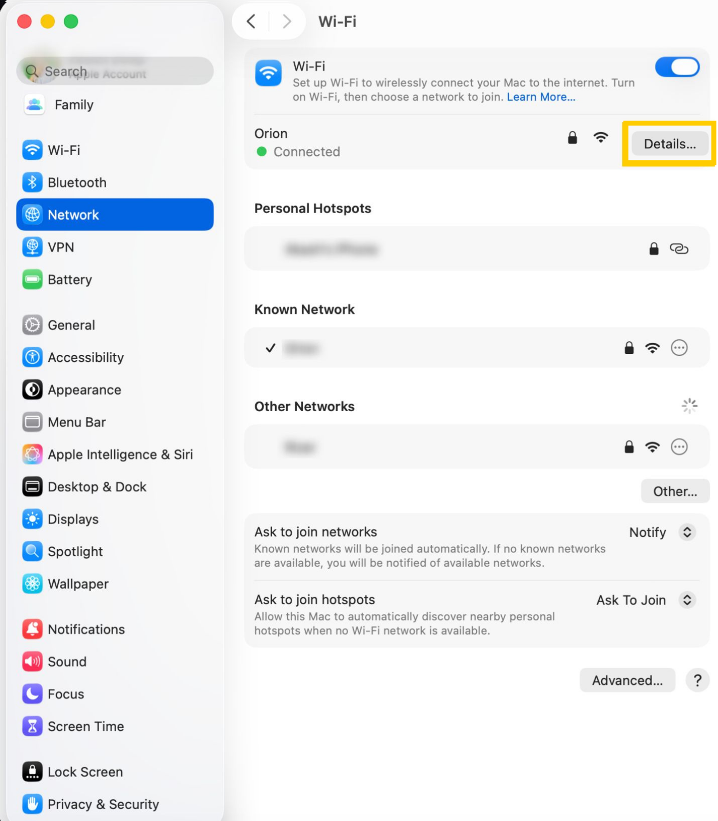 macOS Network settings showing the Details button for the connected Wi-Fi network.