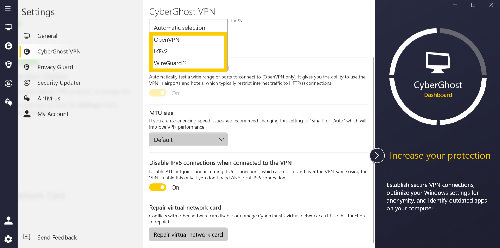 CyberGhost VPN app interface on Windows, showing the Settings page on Windows. The available protocol options are highlighted.