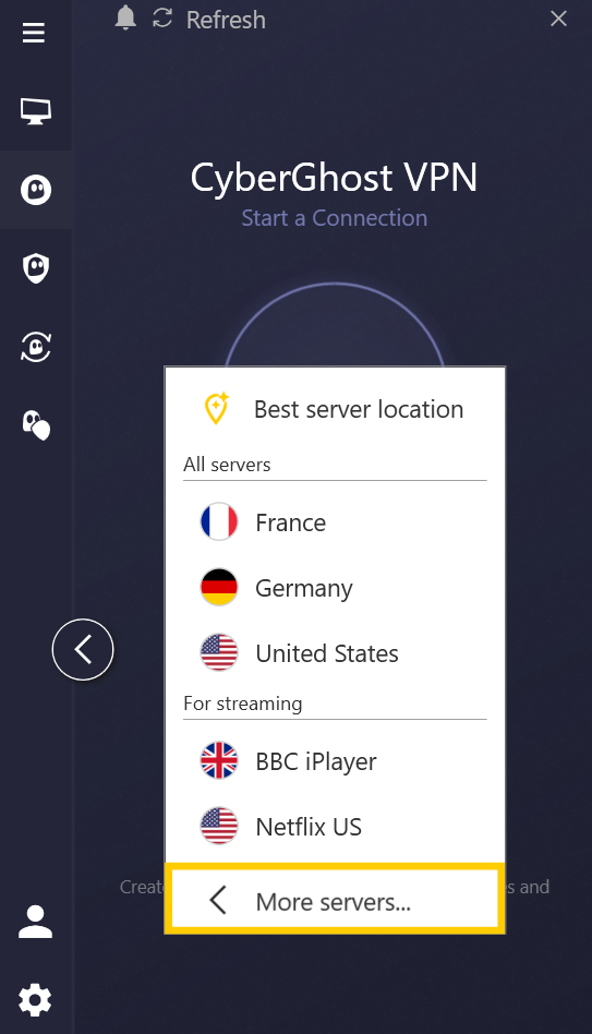 CyberGhost VPN app interface on Windows, showing the main connection window. The server location widget is expanded and the "More servers..." option is highlighted.