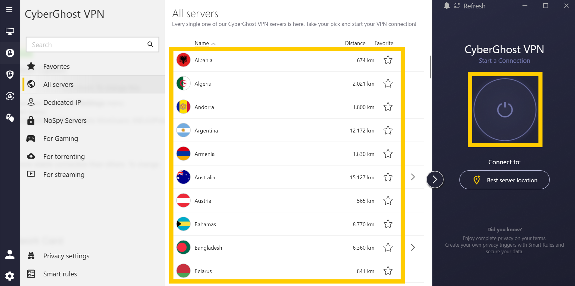 CyberGhost VPN app interface on Windows, showing a list of available server locations. Several locations and the power button are highlighted.