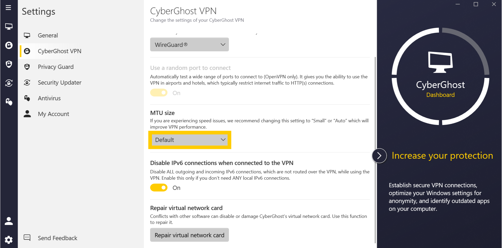 CyberGhost VPN app interface, showing the Settings menu on Windows. The "Default" dropdown menu is highlighted.