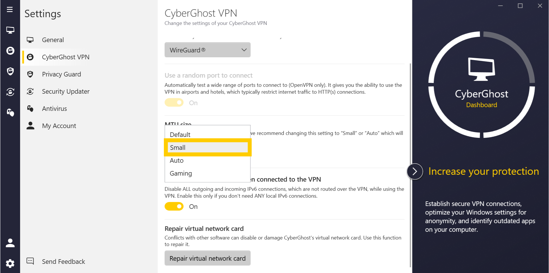CyberGhost VPN app interface, showing the Settings menu on Windows. The MTU size dropdown menu is expanded and the "Small" value is highlighted.