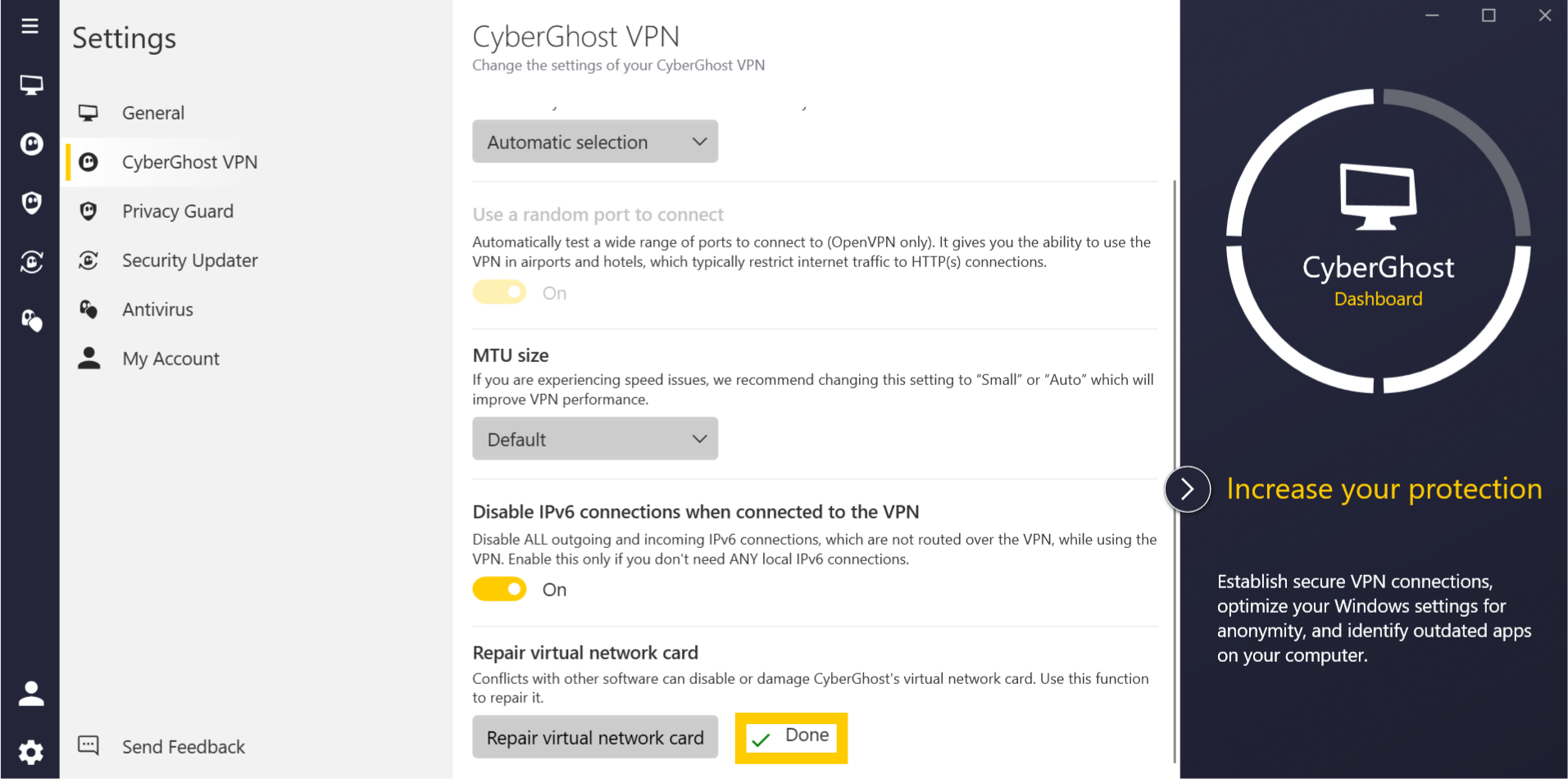 CyberGhost VPN app interface, showing the Settings menu on Windows. The "Done" message is highlighted.