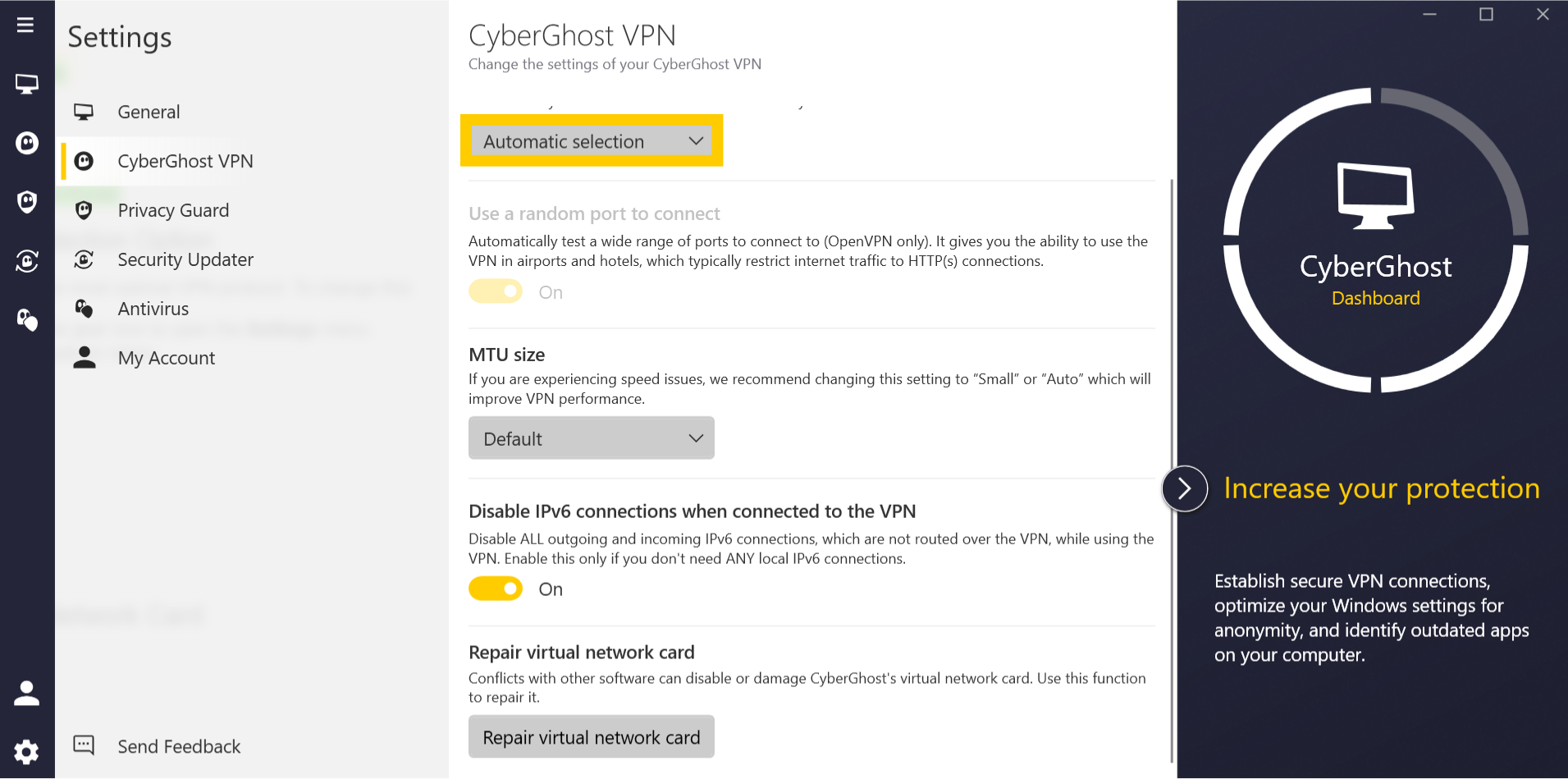 CyberGhost VPN app interface on Windows, showing the Settings page on Windows. The "Automatic selection" dropdown menu is highlighted.