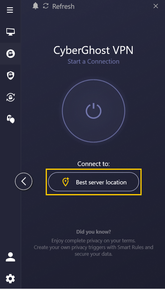 CyberGhost VPN app interface on Windows, showing the main connection window. The server location widget is highlighted.