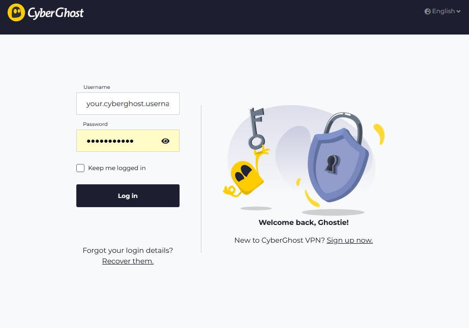 CyberGhost VPN account login screen.