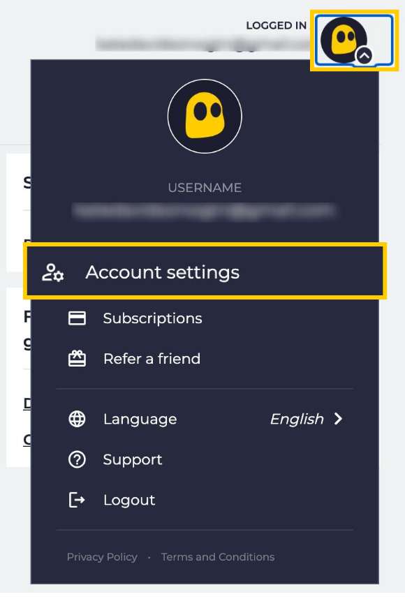 CyberGhost VPN account menu with Account settings highlighted.