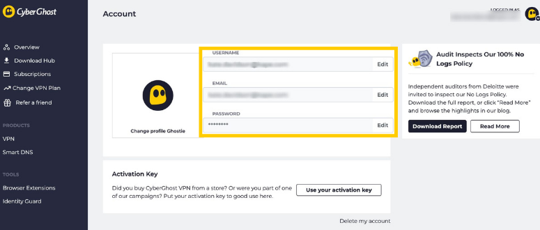 CyberGhost VPN account settings with credential edit fields highlighted.
