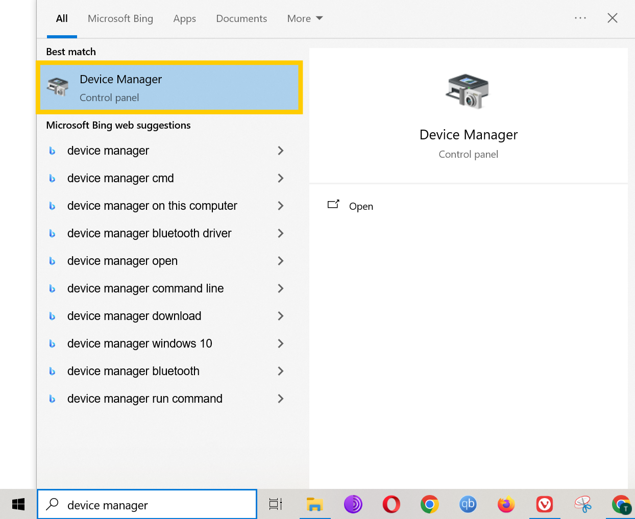 Start Menu on Windows 10. The "Device Manager" search result is highlighted.