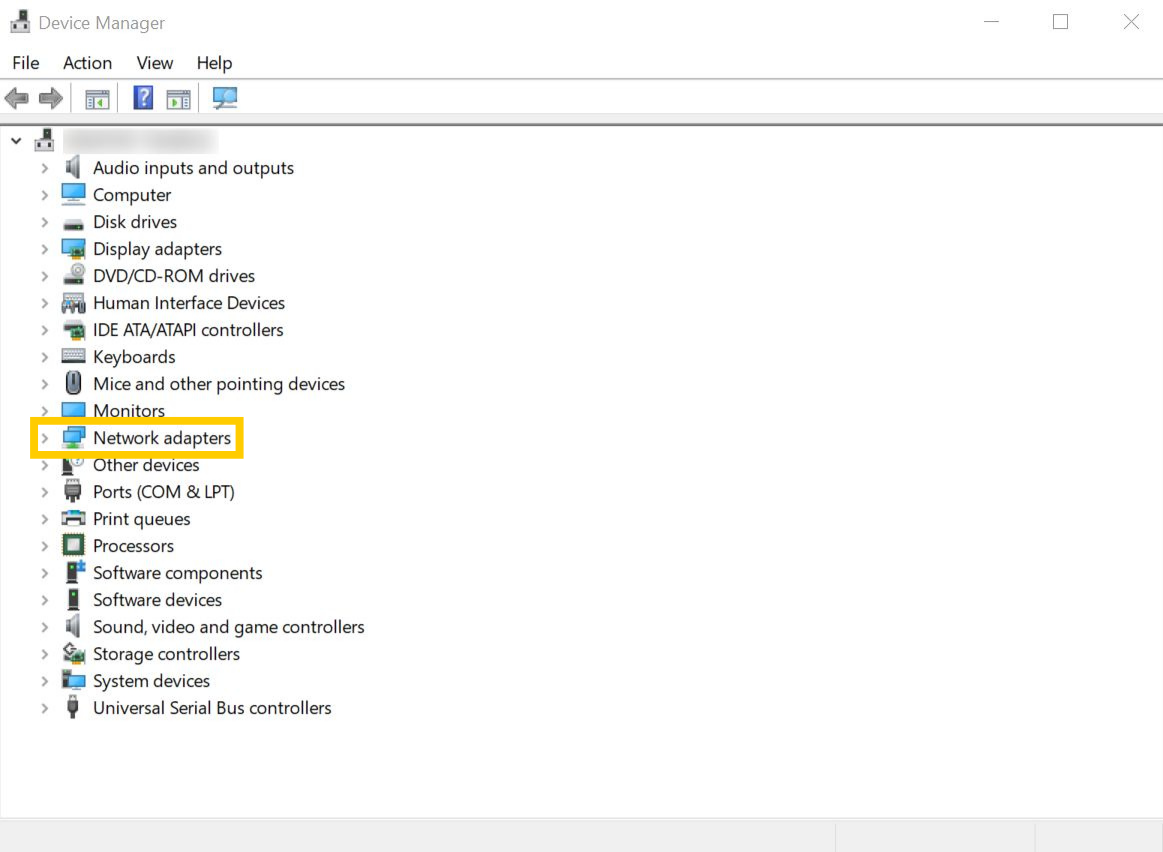 Device Manager on Windows 10. The "Network adapters" option is highlighted.