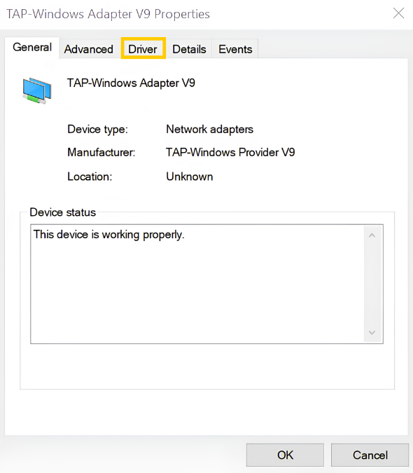 Properties window for a TAP adapter on Windows 10. The "Driver" tab is highlighted.