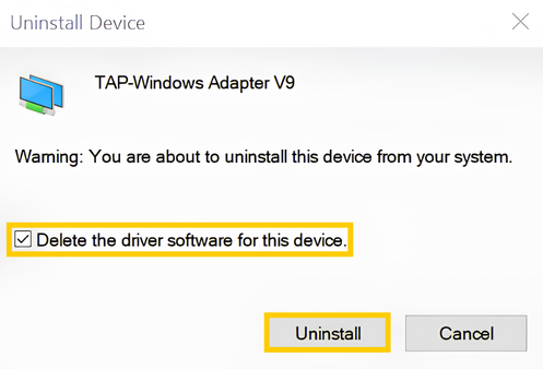 Uninstallation prompt for a TAP adapter on Windows 10. The "Delete the driver software for this device" message and "Uninstall" button are highlighted.