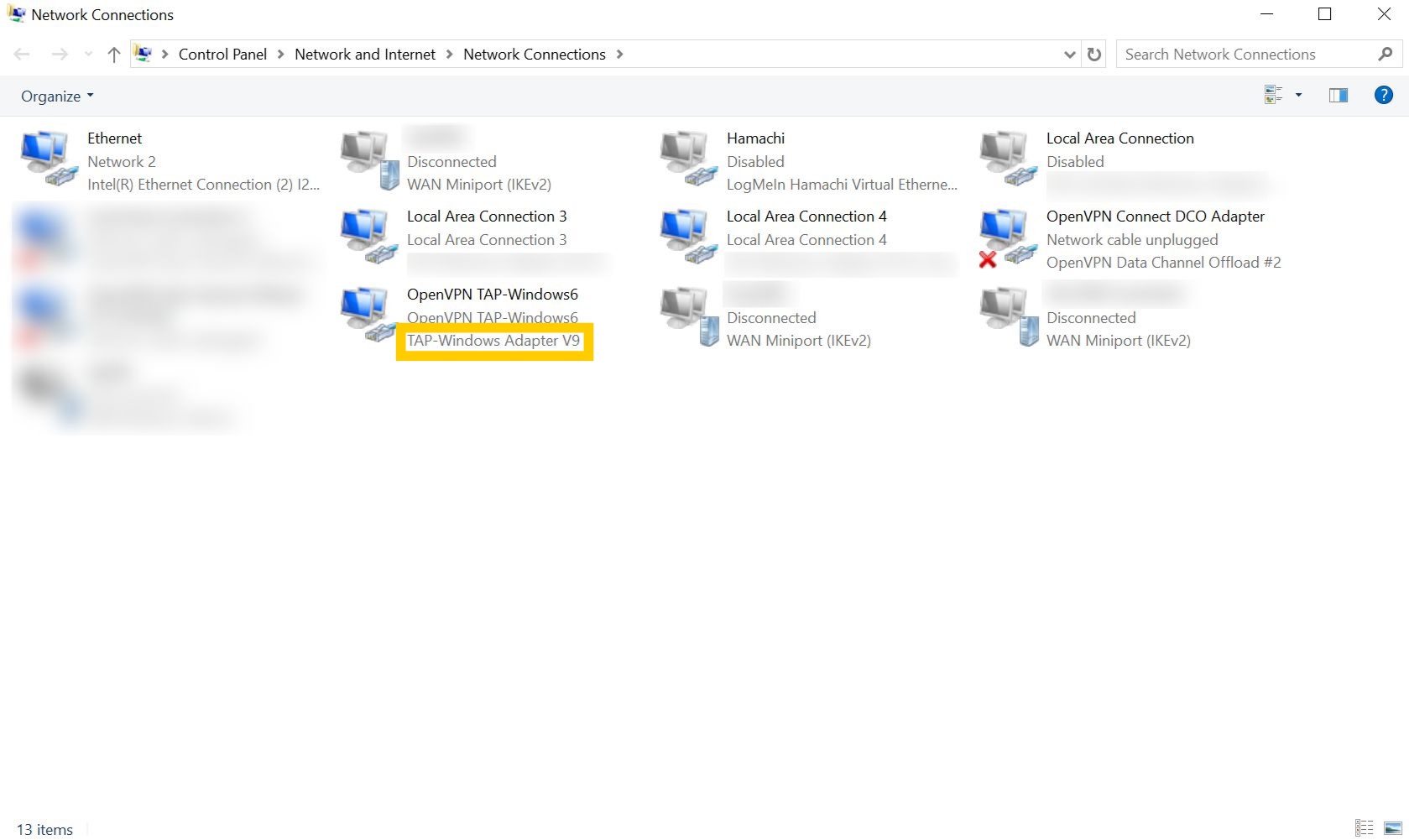 Network Connections page on Windows 10. A TAP adapter is highlighted.