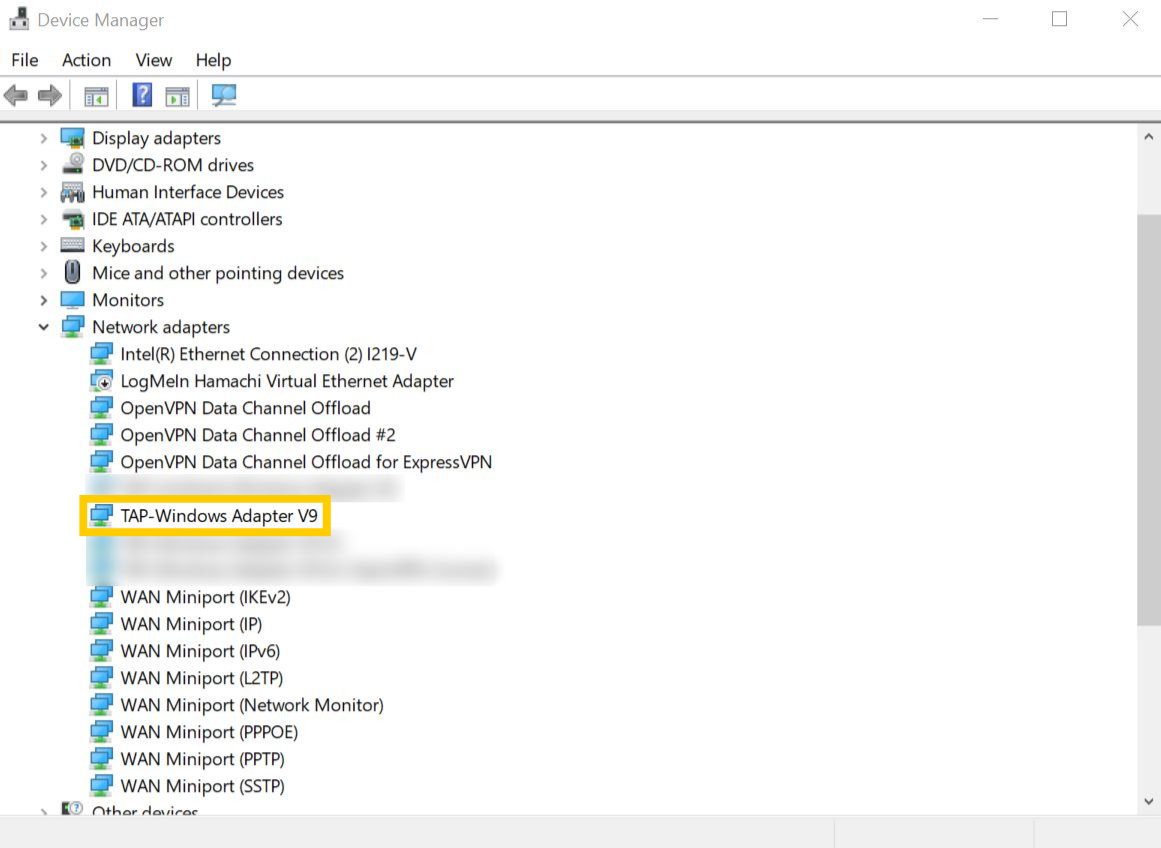 Device Manager on Windows 10. The "TAP-Windows Adapter V9" option is highlighted.