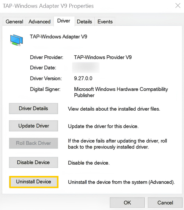 Driver tab for a TAP adapter on Windows 10. The "Uninstall Device" button is highlighted.