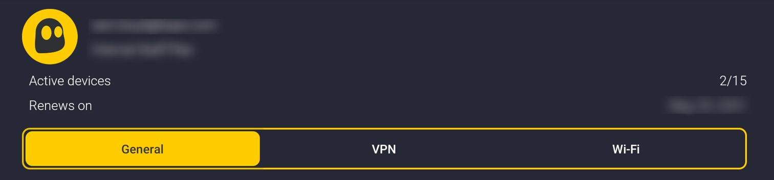 CyberGhost General category selected in the Options menu
