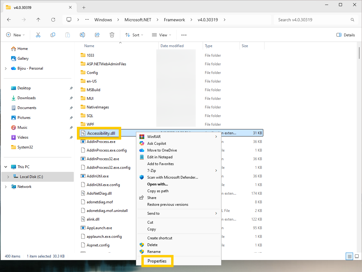 File Explorer on Windows 11 showing the"Accessibility.dll" file and the "Properties" option highlighted.